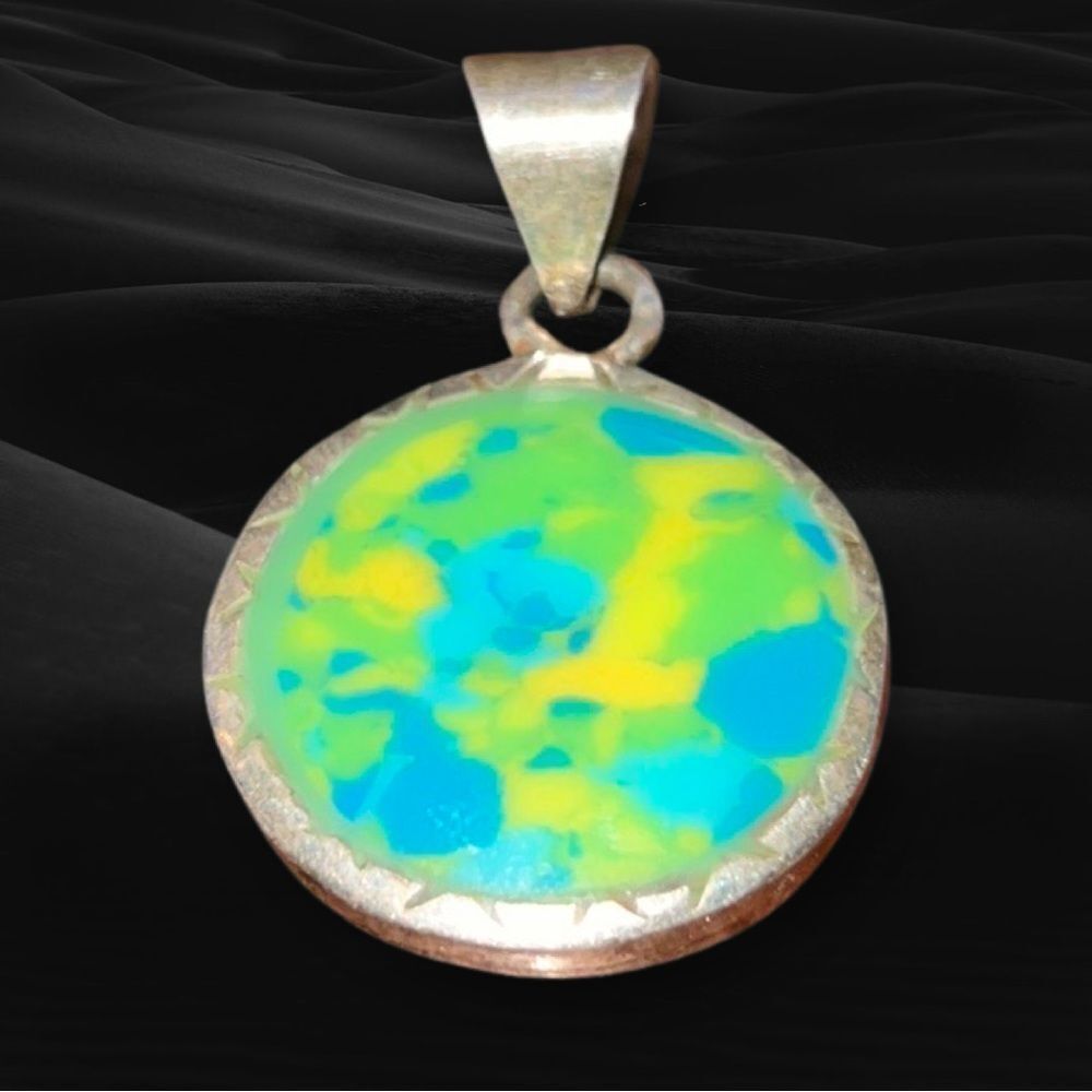 2 Sided Mayan Pendent With Bluish Green & Yellow Turquoise Inlay